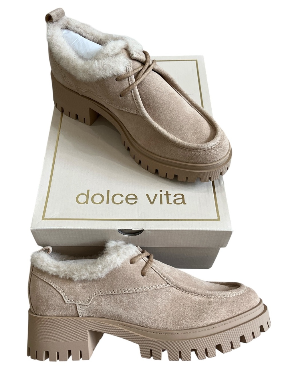 Dolce Vita Milza Plush Loafers Dune Suede Women 9 Shearling Moc Toe Platform NEW